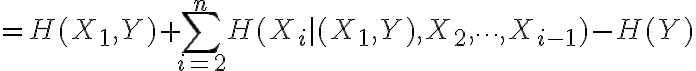 $=H(X_1,Y)+\sum_{i=2}^{n}H(X_i|(X_1,Y),X_2,\cdots,X_{i-1})-H(Y)$